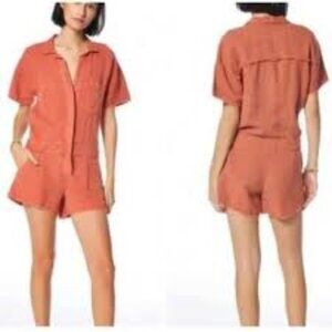 YFB Felix raw edges size large romper Linen blend hidden buttons rust in color